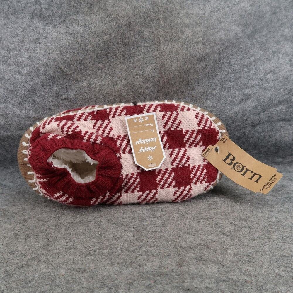 Born Slipper Womens Sock Shoe Sherpa Lined Plaid Cozy Red Winter Slip On Casual